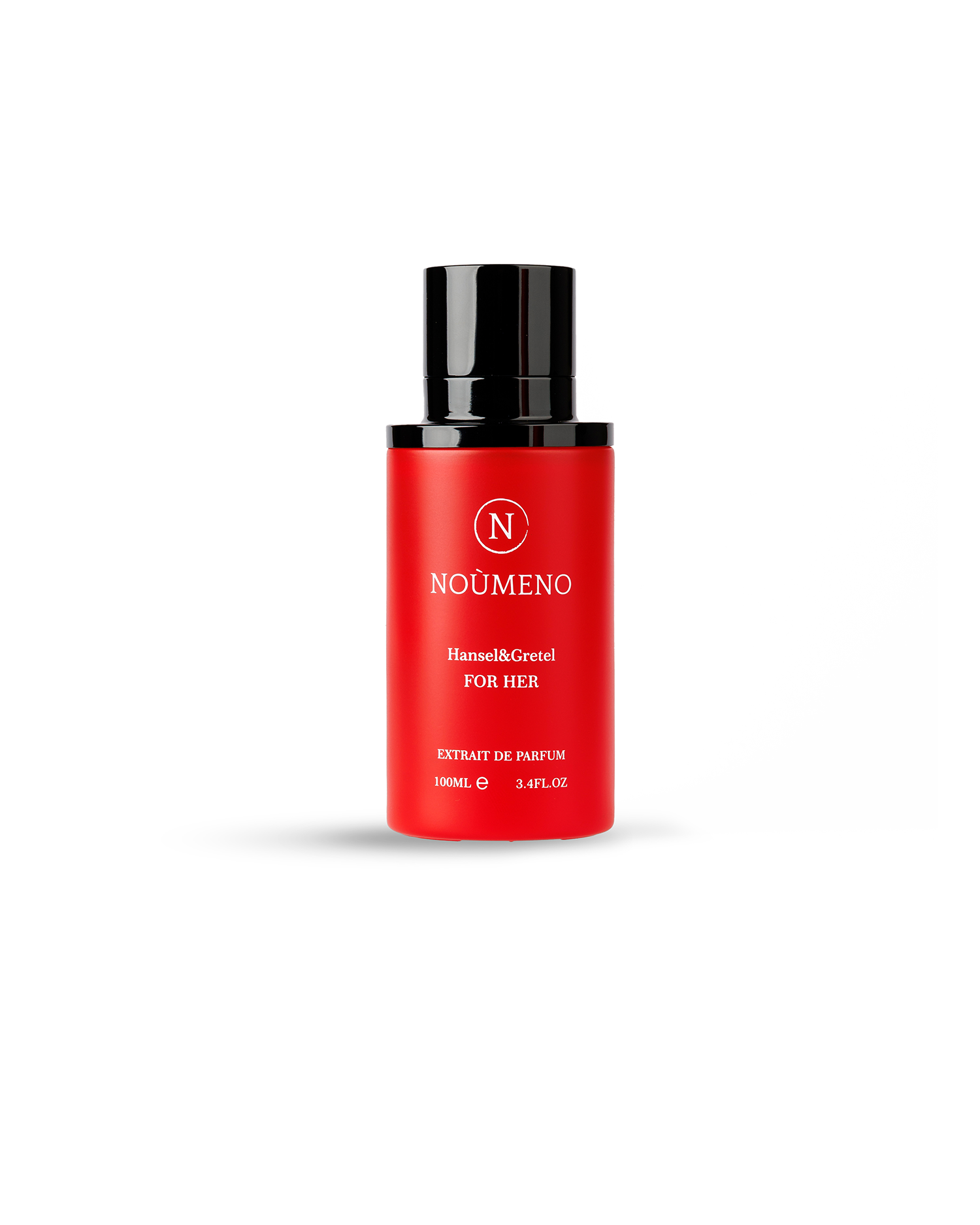 Red perfume bottle with black cap on a white background