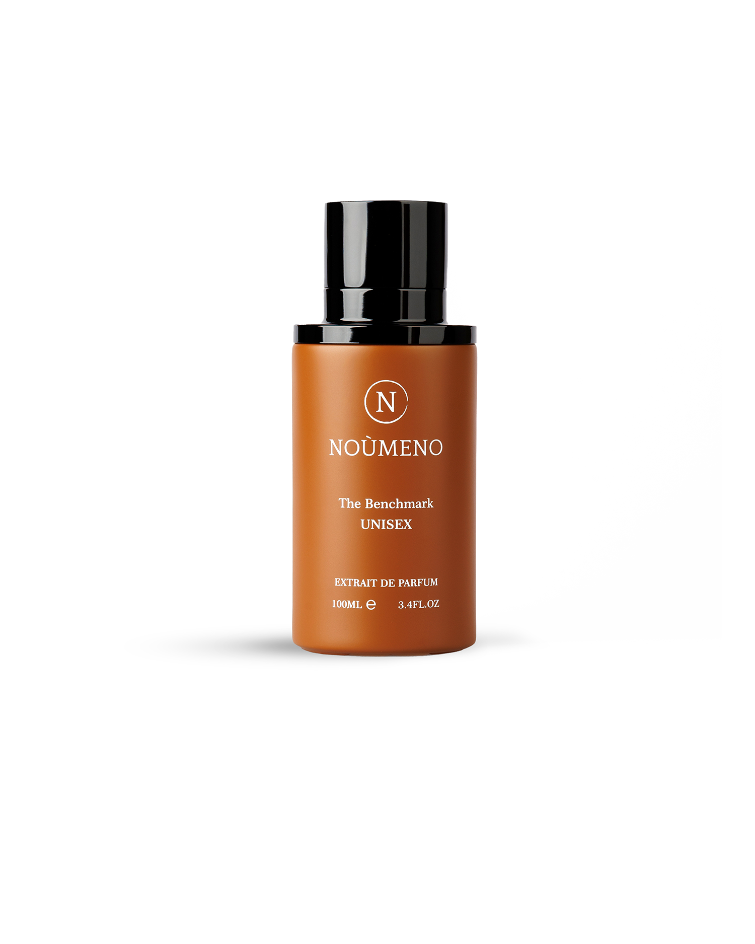Brown perfume bottle with black cap on a white background